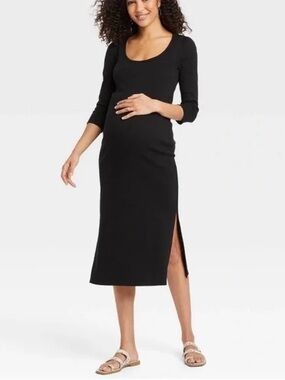 The Nines by Hatch Ribbed 3/4 Sleeve Scoop Neck Midi Dress